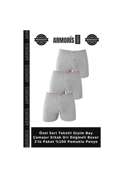 Armoris Özel Seri Tekstil Giyim Bay Çamaşır Erkek Gri Düğmeli Boxer 3'lü Paket %100 Pamuklu Penye