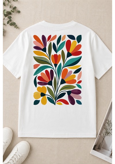 Spoyi Modern Flora Tasarımlı %100 Pamuk Yarım Oversize Beyaz T-shirt