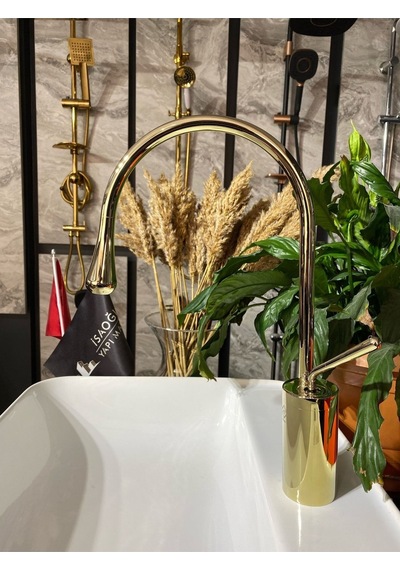 İsaoğlu Yapı Parlak Gold Drop Design Mutfak Ve Banyo Bataryası Altın Eviye Musluğu Altın Lavabo Bataryası Gold
