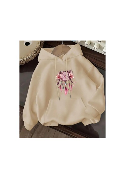 Herkesemoda Çiçek Baskı Detaylı İçi Polarlı Kapüşonlu Sweatshirt Bej