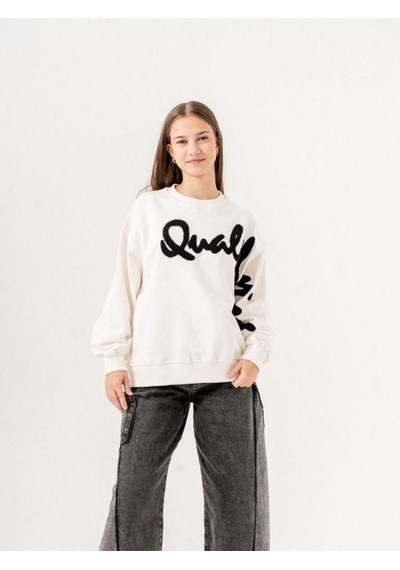 Kız Çocuk Quality Yazılı Pamuklu Sweatshirt-14780 Ekru