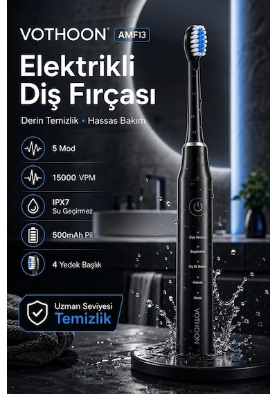 Şarjlı Diş Fırçası 15000 Vpm Titreşim Gücü, 500mah Batarya, 5 Temizlik Modu Siyah
