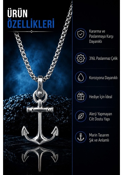 Paslanmaz Çelik Gemici Marine Tasarım Denizci Çapa Kolye Metalik Gümüş