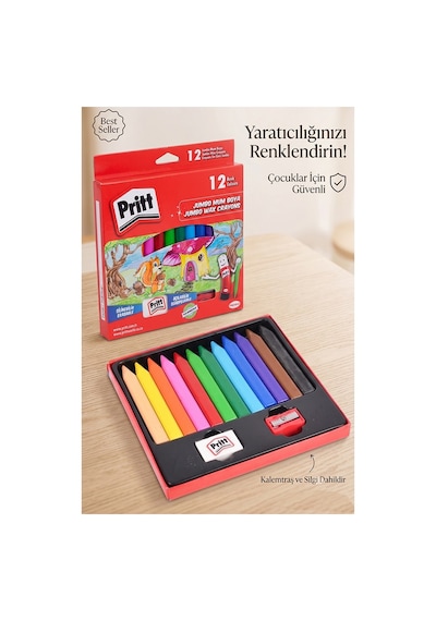 Jumbo Üçgen Mum Boya 12 Li 1 Paket Pritt 12 Renk Üçgen Mumboya Elleri Kirletmeyen Yıkanabilir Silinebilir Karton Kutu Çok Renkli