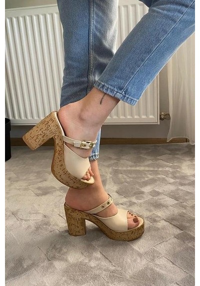 Asmi Shoes Kadın Tena Mantar Taban Platform Topuklu Terlik 10 Cm Snd456 Bej Bej