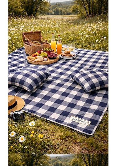 Valerium Sıvıya Ve Lekeye Dayanıklı Silikon Dolgulu Piknik Seti 170x170cm + 2 Minder Lacivert