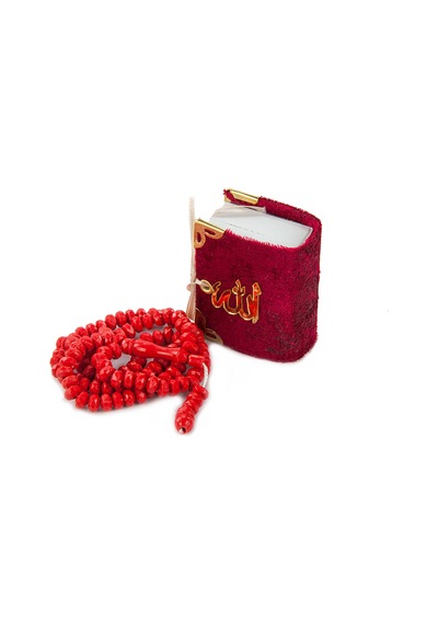Kadife Kaplı Mini Kuran Kutulu - Tesbihli - Bordo