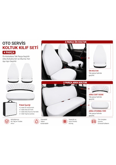 Günaks 4 Parça Oto Servis Koltuk Kılıf Seti Beyaz 1
