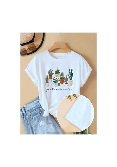 Medinenur Kaktüs Desen Baskılı Basic T-shirt Beyaz