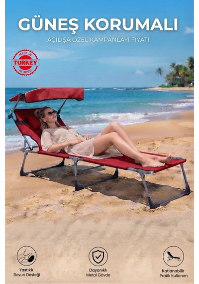 Gölgelikli Premium Katlanabilir Yastıklı Lüks Şezlong Kırmızı Havuz, Bahçe, Teras Sandalyesi