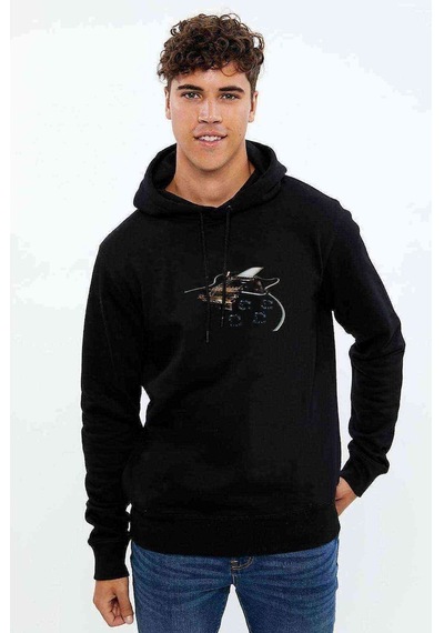 Gibson Gitar Baskılı Siyah Erkek Örme Kapşonlu Sweatshirt (531007884)
