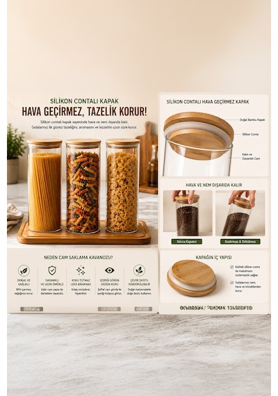 Porsima 3-3 Bambu Vakumlu Kapaklı Yuvarlak Borosilikat Cam 3lü Kavanoz Seti Saklama Kabı 1650ml 10x25cm Cam - Şeffaf