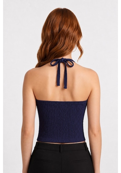 Cottonhıll Premium - Tide Collection Lacivert Halter Yaka Boyundan Bağlamalı Bürümcük Dokulu Kadın Crop Bluz Cottonhıll Premium - Tide Collection Lacivert Halter Yaka Boyundan Bağlamalı Bürümcük Dokulu Kadın Crop Bluz
