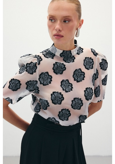 Sateen Organze Kısa Kol Bluz - Siyah-136323 Siyah