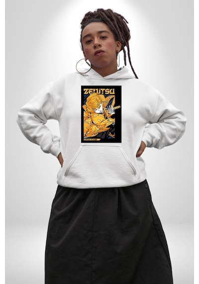Zenitsu Agatsuma Anime Kadın Erkek Beyaz Kapüşonlu Sweatshirt Hoodie Beyaz