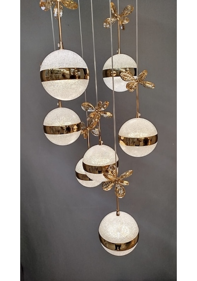 Şık Tarz Modern Led Avize Gold Ledli Salon Avizesi Kelebek Taşlı 7lı Sarı