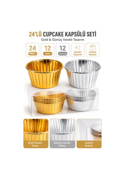 Cupcake Kapsülü 24'lü 12 Gold 12 Gümüş Varaklı Asetat Kutulu Kek Muffin Pişirme Ve Sunum Kapsülü Diğer