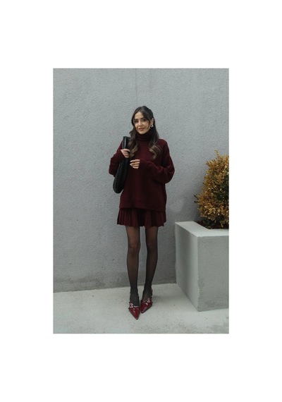 Candybia Bordo Pileli Mini Etek Balıkçı Kazak Alt Üst Premium Triko Takım Bordo Bordo