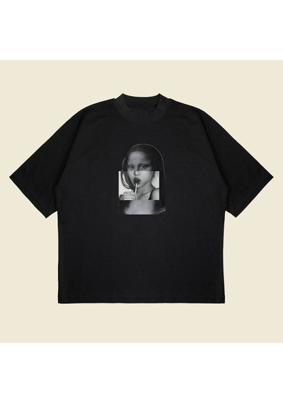 Startmore Glitch Lisa Baskılı Oversize Unisex Pamuklu Nefes Alan Kalın Kumaşlı Siyah