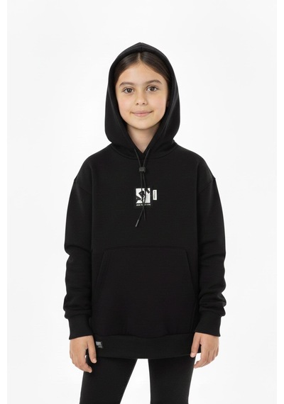 Kapüşonlu Art Baskılı Kanguru Cepli Kız Çocuk Sweatshirt-90850 Siyah