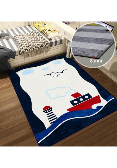 Denizci Desenli Gemi Deniz Feneri Kuşlar Çocuk Odası Halısı Çok Renkli