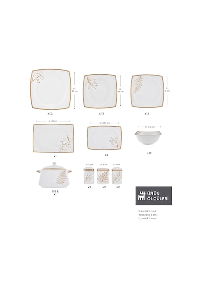 Karaca Square Bone Hazel 60 Parça 12 Kişilik Kare Yemek Takımı Gold