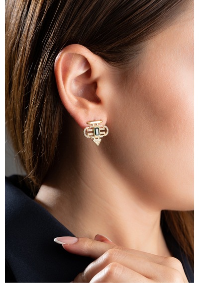 Çekirdekjewelry 925 Ayar Gümüş Baget Taşlı Küpe Sarı
