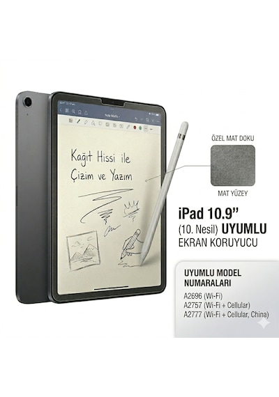 Apple iPad 10.9" 10. Nesil 2022 Uyumlu Paperlike Mat Ekran Koruyucu Kağıt Hissi Veren Özel Yüzey