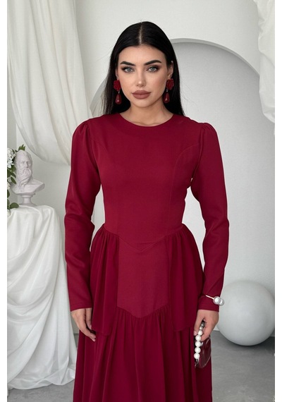 Nils Butik Korse Detaylı Midi Abiye Elbise Bordo