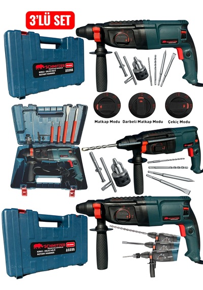 Schmıtzer 3'lü Set Sch-2603tu Pro 850 W Sds Plus Metal Şanzuman Profesyonel Darbeli Matkap Kırıcı Delici 26mm Hilti