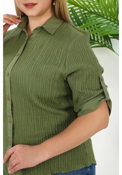 Lady Majestic %100 Cotton Büyük Beden Kadın Müslin Kumaş Gömlek Haki