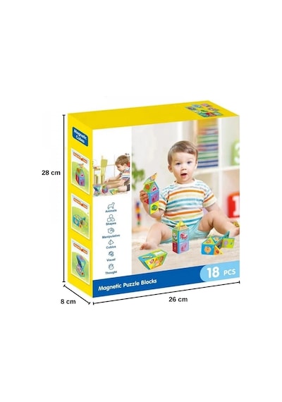 Eğitici Manyetik Bloklar 18 Parça - Mıknatıslı Zeka Küpleri - Montessori Bebek Yapboz Puzzle Seti