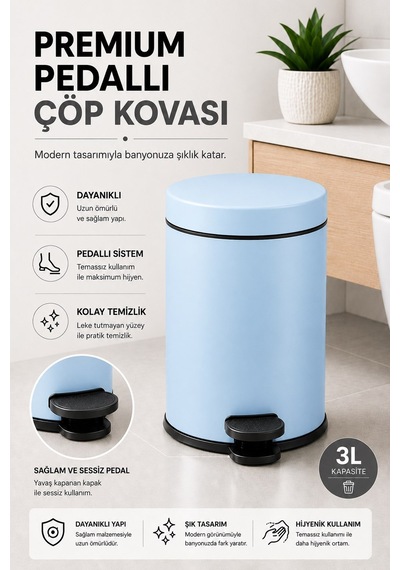 Sas Haus Pedallı Çöp Kovası 3 Litre İç Kovalı Kapaklı Tuvalet Fırçalı Banyo Seti Krom - Titan 7103 Mavi