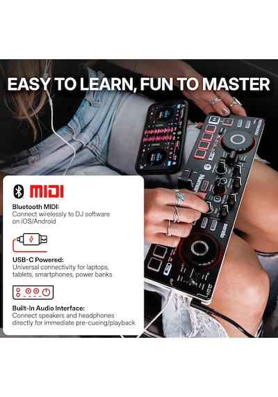 Numark Mixtrack Go Kompakt Bluetooth Dj Controller 2 Deck, Stems Kontrolü, Smart Fader, Kapasitif Dokunmatik Jog Wheel, Usb-c, Serato Dj Lite & Algoriddim Djay Dahil, Taşınabilir Dj Mikseri