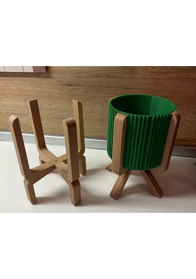 3d Baskı Ayaklı Çizgili Saksı - Bej Standlı Dekoratif Saksı - Yeşil