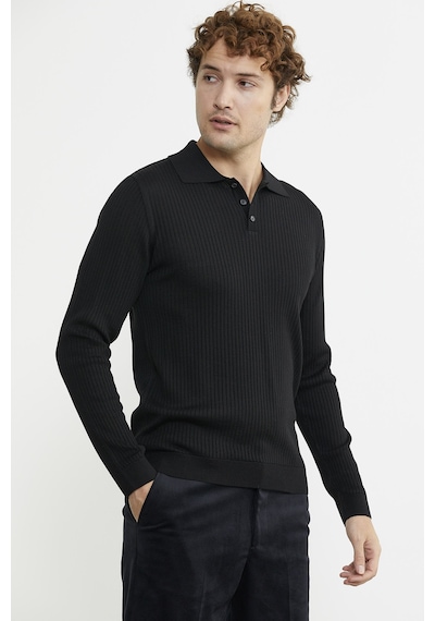 Sementa Polo Yaka Fitilli Triko Kazak - Siyah 001