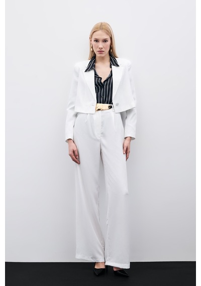 Sateen Pileli Krep Pantolon - Ekru-133390 Ekru