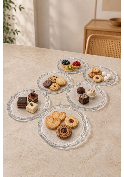 6 Lı Dalgalı Kenar Cam Pasta Tabağı Seti Tatlı Kurabiye Kahvaltı Ve Sunum Tabağı 16 Cm Şeffaf