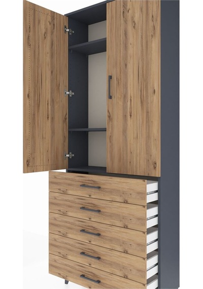 Arges Dolap 3 Raflı 5 Çekmeceli 2 Kapaklı 88x30x221 Antrasit-çam Antrasit