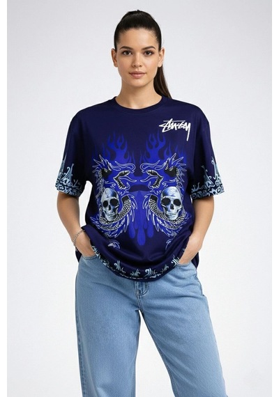 Wear Vexel Kadın Oversize Tişört Dragon & Kuru Kafa Baskılı Bisiklet Yaka T-shirt - Lacivert Lacivert Wear Vexel Kadın Oversize Tişört Dragon & Kuru Kafa Baskılı Bisiklet Yaka T-shirt - Lacivert Lacivert