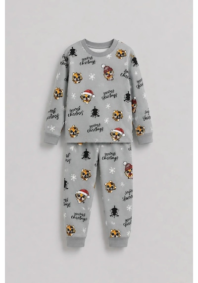 Zuzunga Kız Çocuk Yılbaşı Temalı Tiger Desenli Uzun Kollu Pijama Takımı Gri