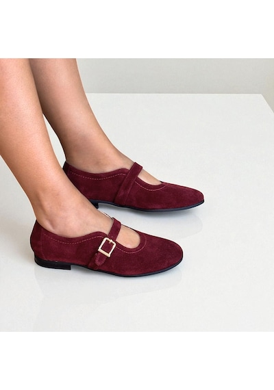 Ne&ve Shoes Bordo Süet Hakiki Deri Tokalı Kadın Babet