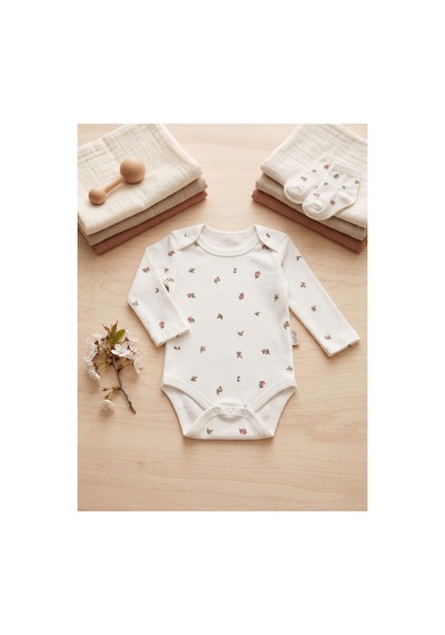 Deniva Kids %100 Pamuk Kaşkorse Uzun Kollu Çiçek Desenli Kruvaze Yaka Çıtçıtlı Bebek Body Zıbın Beyaz