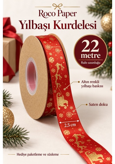 Yılbaşı Geyik Temalı Kırmızı Kurdele, 22 Metre-2.5 Cm, Saten Hedi Diğer