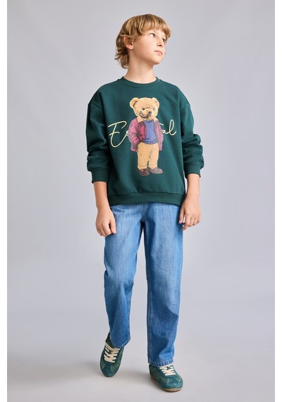 Defacto Oversize Bisiklet Yaka Ayıcık Figürlü Baskılı Uzun Kollu Sweatshirt Erkek Çocuk I3299a826wngn536 Yeşil-gn536
