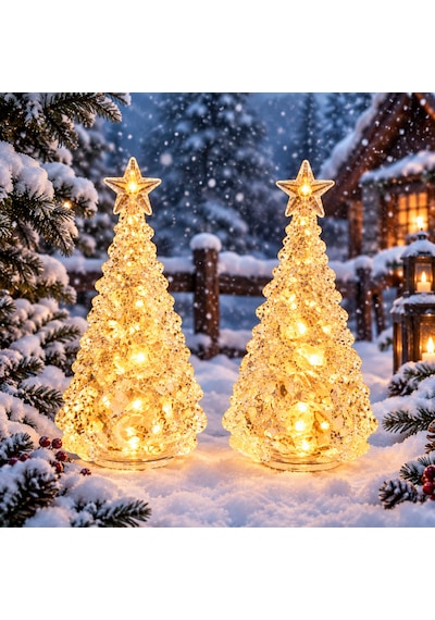 2 Adet Kristal Amber Işıklı Mini Yılbaşı Çam Ağacı Kristal Tepe Yıldızlı Noel Ağacı Yılbaşı Ağacı 10 CM