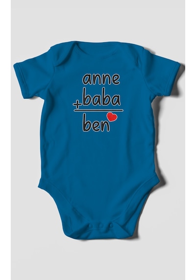 Anne Baba Ve Ben Baskılı Bebek Zıbını Çıtçıtlı Body %100 Pamuk Kısa Kol Koyu Mavi