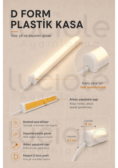 220v Günışığı Led Bar 50 Cm Fişli Anahtarlı Yapışkanlı Tezgah Altı Dolap İçi Aydınlatma