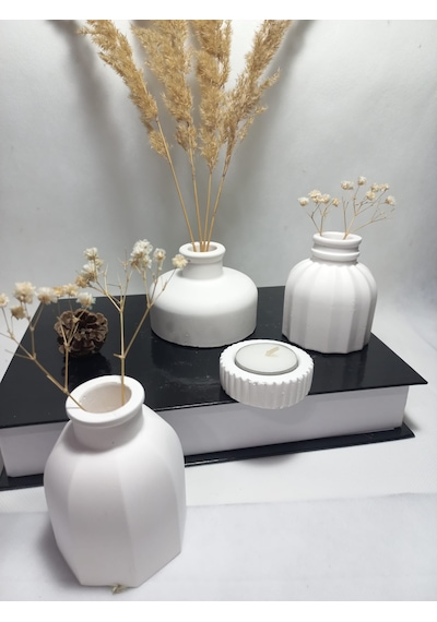 Modern Minimal Vazo Set 3'lü, Ev & Ofis Hediyelik, Dekoratif Obje, Beyaz