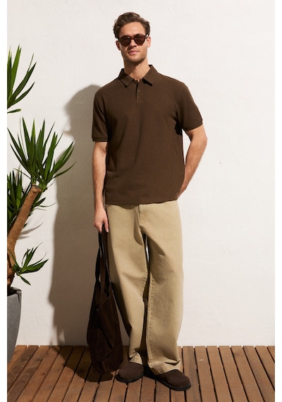 Grımelange Mınnutu Erkek Organik Pamuklu Polo Yakalı Regular Fit Kahverengi T-shirt